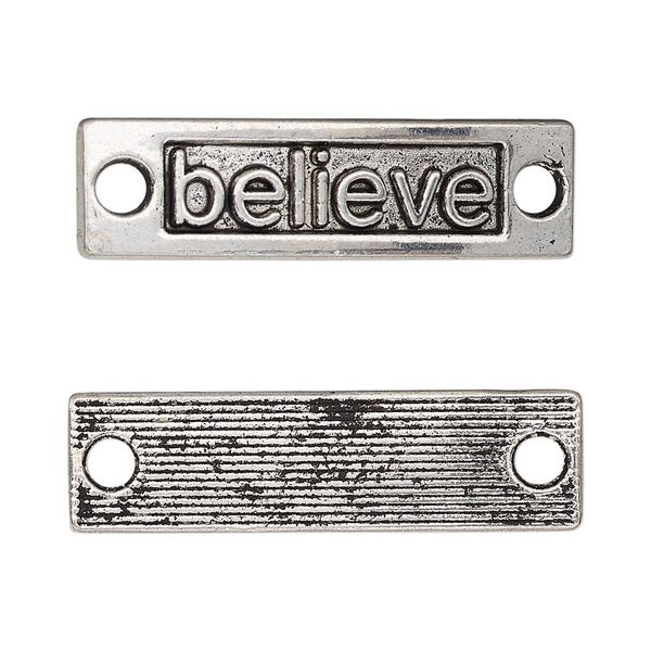 Link, antique silver-finished "pewter" (zinc-based alloy), 35x9.5mm single-sided curved flat rectangle with "believe." Sold per pkg of 2. image number 0