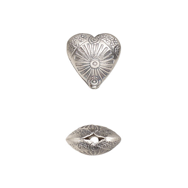 Bead, Hill Tribes, antiqued sterling silver, 12mm double-sided textured puffed heart with flower. Sold individually. image number 0