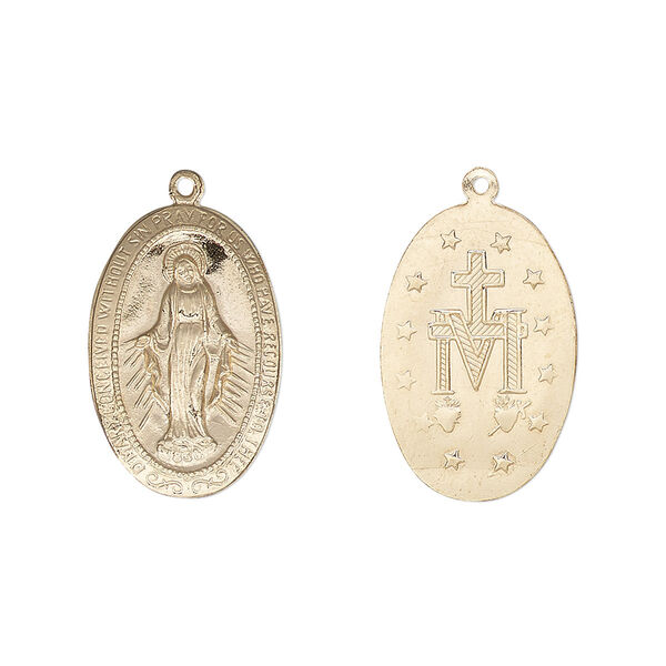 Drop, 14Kt gold-filled, 19x13mm two-sided oval with Mother Mary. Sold individually. image number 0