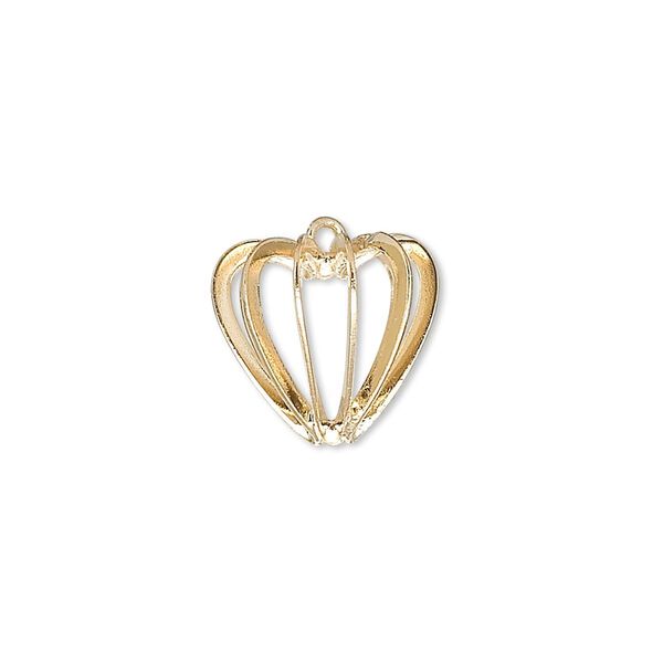 Drop, gold-plated brass and steel, 14mm heart bead cage. Sold per pkg of 100. image number 0