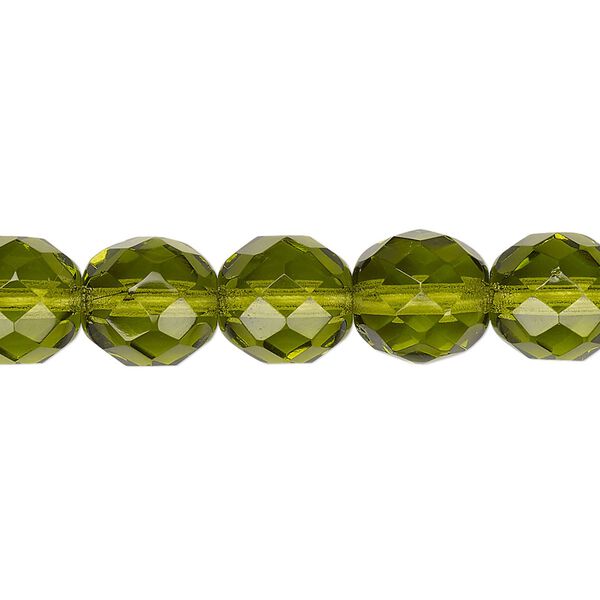 Bead, Czech fire-polished glass, transparent olivine, 10mm faceted round. Sold per 15-1/2" to 16" strand, approximately 40 beads. image number 0