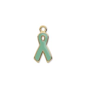 Charm, epoxy and gold-plated aluminum, teal, 15x9mm single-sided awareness ribbon. Sold per pkg of 6.