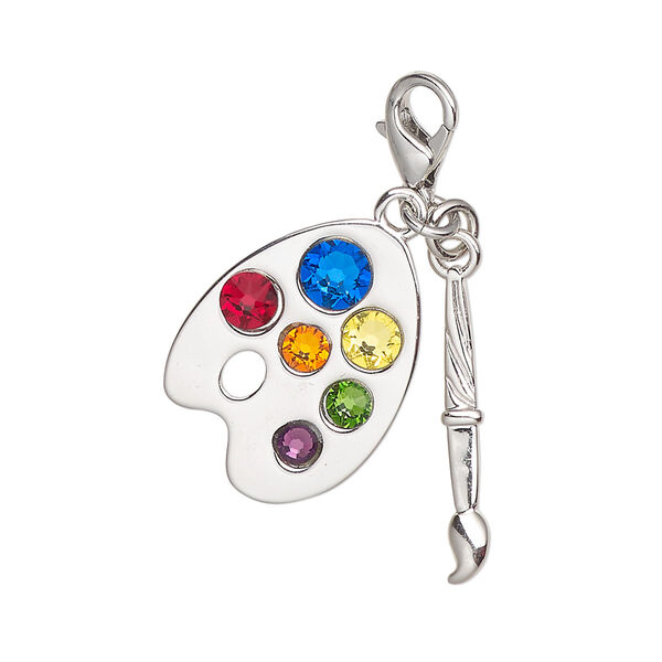 Charm crystal steel 1pk 24x15mm painter's palette and brush with lobster claw clasp, multicolored silver finish image number 0