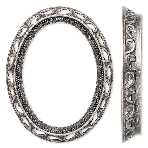 Component, antique silver-plated brass, 48x38mm oval with swirl design and 40x30mm oval setting. Sold per pkg of 4. image number 0
