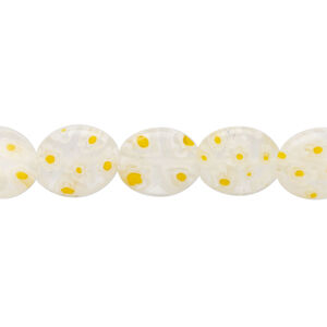 Bead, millefiori glass, transparent white / golden orange / clear, 12x10mm puffed oval with flower design. Sold per 14-inch strand.