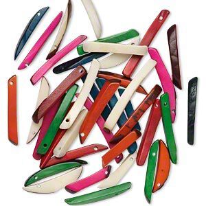 Bead, tagua nut (dyed), assorted colors, 28x4mm-42x4mm top-drilled stick. Sold per pkg of 40.