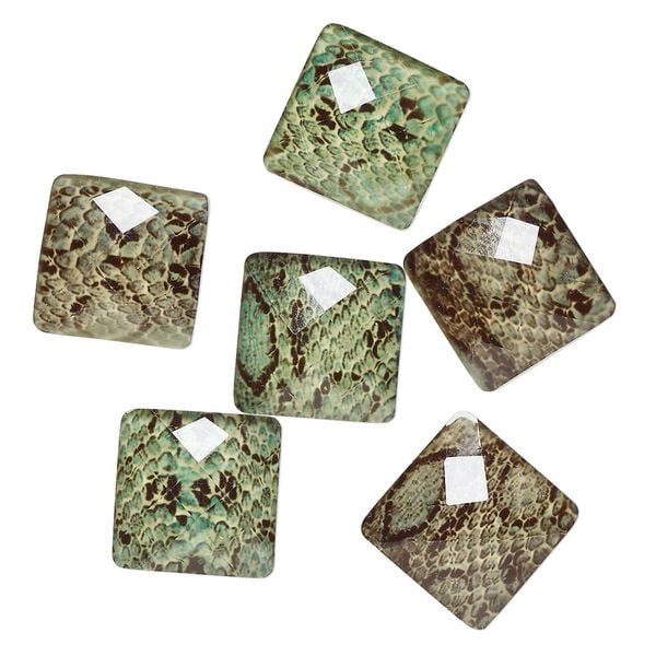Flat back, acrylic, green and black, 18-19mm faceted square with snakeskin pattern. Sold per pkg of 6. image number 0