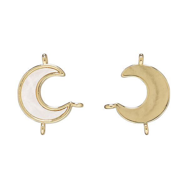 Link 1pkg2 brass / mother-of-pearl shell / glass rhinestone, 14x12mm moon, bleached gold finish / white / clear image number 0