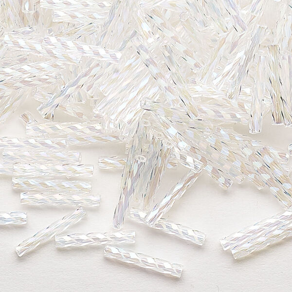 Bugle bead, Dyna-Mites™, glass, translucent rainbow clear, 12mm twisted. Sold per 50-gram pkg. image number 0