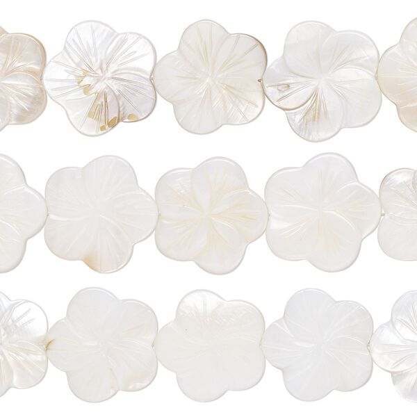 Bead, mother-of-pearl shell (natural / bleached), 23x22mm-25x24mm carved flower with 0.6-0.8mm hole, Mohs hardness 3-1/2. Sold per pkg of (3) 15-inch strands. image number 0