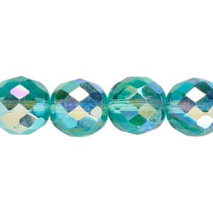 Bead, Czech fire-polished glass, pkg/15-1/2 to 16 inches, 12mm faceted round, translucent light aqua AB, (60110-28701).