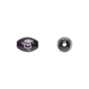 Bead, Czech lampworked glass, opaque black / pink / green, 9x6mm-10x7mm olive with flower design. Sold per pkg of 4.