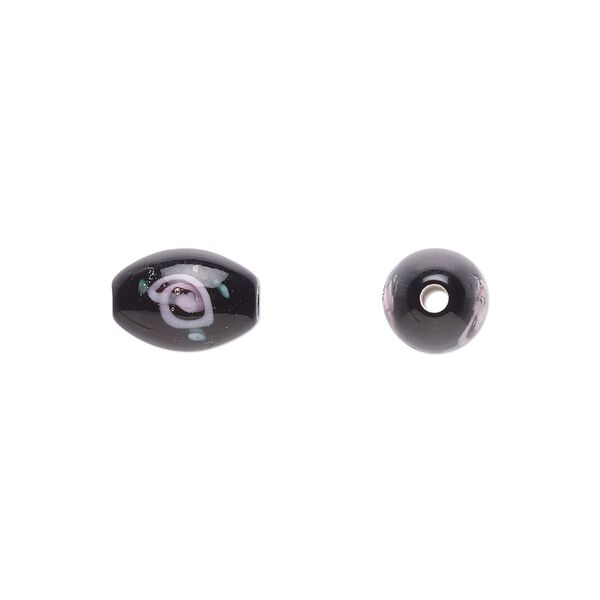 Bead, Czech lampworked glass, opaque black / pink / green, 9x6mm-10x7mm olive with flower design. Sold per pkg of 4. image number 0