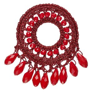 Focal, glass / nylon / steel, dark red, 58x56mm-64x62mm open round with fringe. Sold individually.