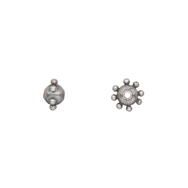 Bead, antiqued silver-plated steel, 7x5mm studded round. Sold per pkg of 10. image number 0