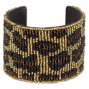 Bracelet, cuff, cotton / glass / steel, black / brown / gold, 52mm wide with cheetah print, adjustable from 6 to 6-1/2 inches. Sold individually.