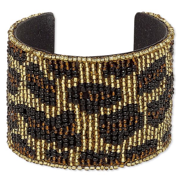 Bracelet, cuff, cotton / glass / steel, black / brown / gold, 52mm wide with cheetah print, adjustable from 6 to 6-1/2 inches. Sold individually. image number 0