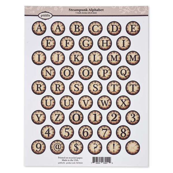 Crafting paper, piddix, matte brown and black, 11 x 8-1/2 inches with (50) 1-inch single-sided circle and "Steampunk Alphabet" patterns. Sold individually. image number 0