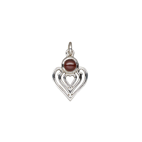 Drop, antiqued sterling silver and garnet (natural), 14x11mm single-sided heart. Sold individually. image number 0