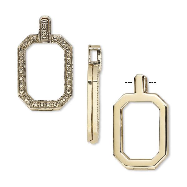 Pendant, Almost Instant Jewelry®, antique gold-finished brass and rubber, 42x24mm single-sided hinged octagon with 27x18.5mm emerald-cut setting. Sold individually. image number 0