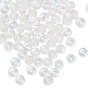 Bead, Czech fire-polished glass 1pkg100, matte opal AB, 5x4mm faceted rondelle.