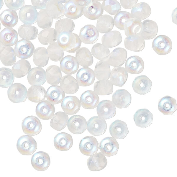 Bead, Czech fire-polished glass 1pkg100, matte opal AB, 5x4mm faceted rondelle. image number 0