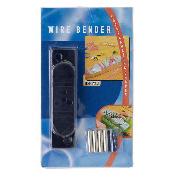 Wire bender jig, aluminum and steel, blue and black, 4-1/2 x 1-1/4 x 5/8 inch rectangle with (4) 26x6mm pins and (2) 25x8mm screws. Sold individually. image number 0