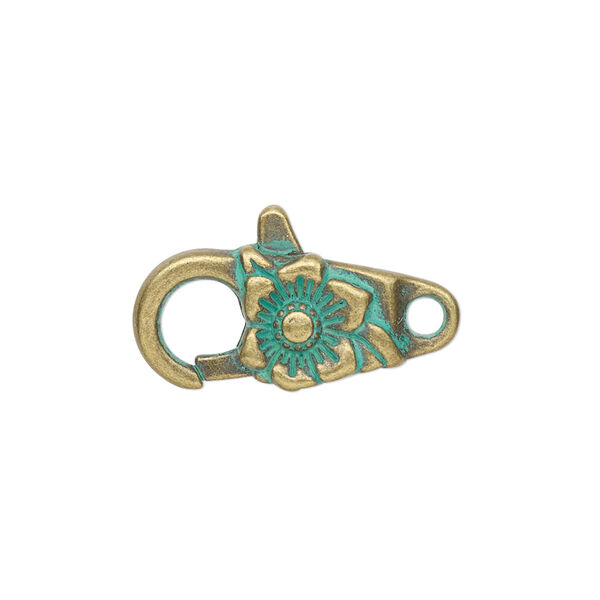Clasp, lobster claw, antique brass-plated "pewter" (zinc-based alloy), green patina, 24x10.5mm double-sided with flower design. Sold per pkg of 6. image number 0