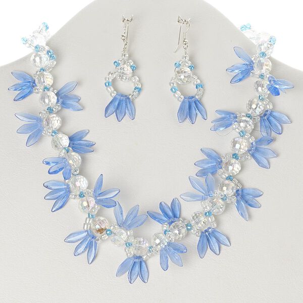 Necklace and earring set, glass with silver-finished brass and steel, clear / clear AB / multi-blue, spears, 18 inches with lobster claw clasp, 2-1/4 inch earrings with fishhook ear wire. Sold per set. image number 0