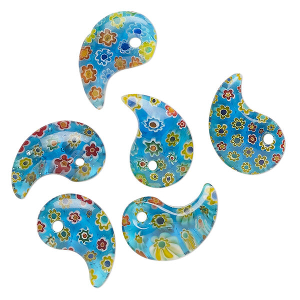 Drop, millefiori glass, translucent aqua blue and multicolored, 22x14mm-26x17mm top-drilled paisley. Sold per pkg of 6. image number 0