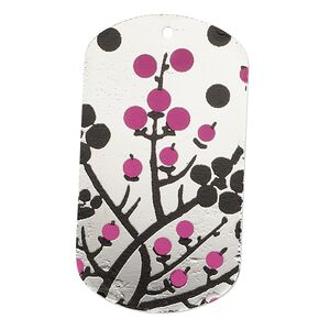 Focal, imitation rhodium-finished carbon steel, black and pink, 40x22mm single-sided dog tag with cherry blossom design. Sold per pkg of 2.