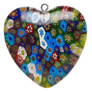 Focal, silver-finished steel and millefiori glass, opaque multicolored, 37-40mm puffed heart. Sold individually.