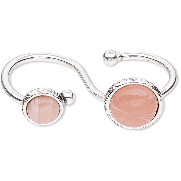 Ring, resin with silver-plated steel and "pewter" (zinc-based alloy), pink, 14mm wide double band with 11mm and 14mm round, size 9. Sold individually. image number 0