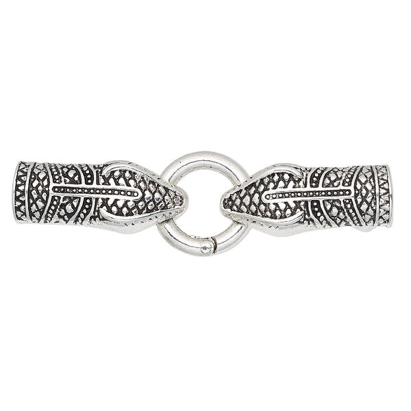 Clasp, self-closing hook, antique silver-finished "pewter" (zinc-based alloy), 72.5x20mm with 32x13.5mm snake head and 20mm jump ring with glue-in ends, 10mm inside diameter. Sold individually. image number 0