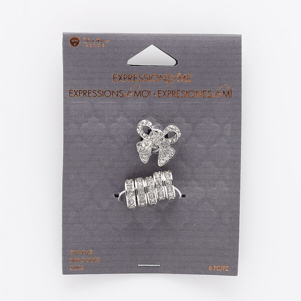 Charm, silver-finished "pewter" (zinc-based alloy) and glass, clear, (5) 12x4mm rondelles and (1) 18x17mm bow with 6.5mm hole and hidden loop. Sold per pkg of 6. image number 0