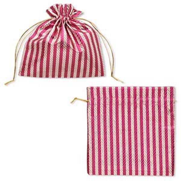 Pouch, nylon, fuchsia and silver, 6.25 x 6.25 inches with textured caftan stripes and drawstring. Sold per pkg of 2. image number 0