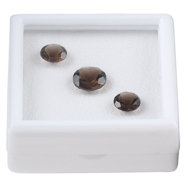 Gem, smoky quartz (heated / irradiated), (2) 8mm and (1) 10mm faceted round, A grade, Mohs hardness 7. Sold per pkg of 3. image number 0