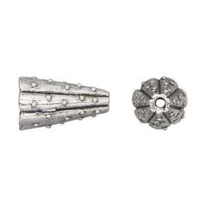 Cone, antique silver-plated pewter (tin-based alloy), 19.5x12mm with bumpy design, 8mm inside diameter. Sold per pkg of 2.