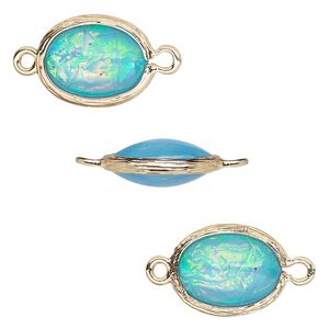 Link, Opalized Ice™, "opal" (resin) and gold-finished brass, light blue, 16x12mm double-sided oval. Sold per pkg of 4.