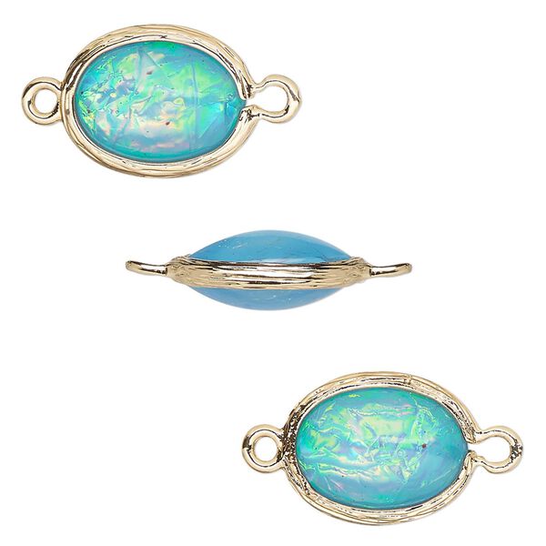 Link, Opalized Ice™, "opal" (resin) and gold-finished brass, light blue, 16x12mm double-sided oval. Sold per pkg of 4. image number 0