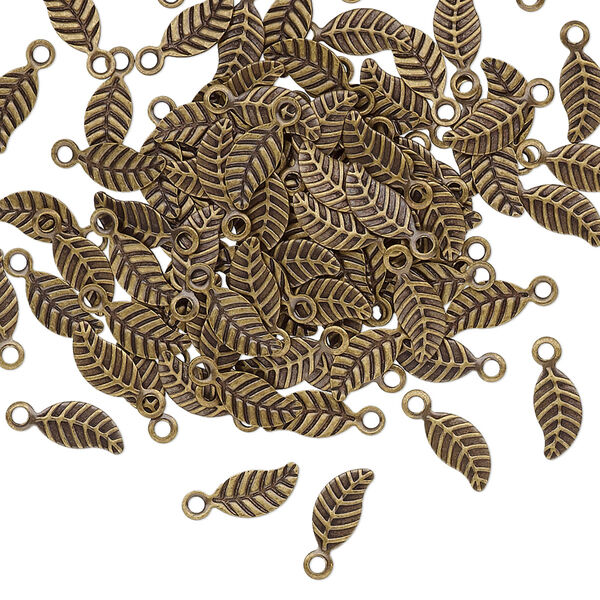 Charm, antique brass-plated brass, 7x3.5mm double-sided leaf. Sold per pkg of 100. image number 0