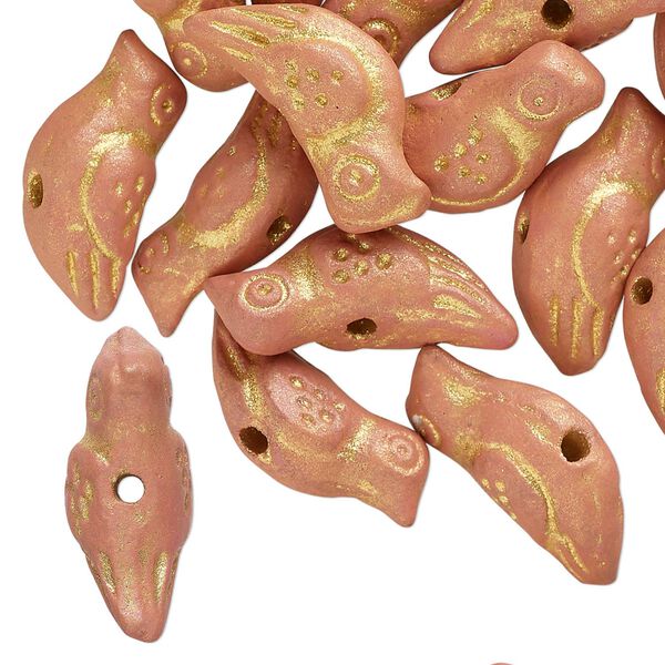 Bead, pressed clay, pink with gold, 19x7mm-21x9mm handmade bird. Sold per pkg of 20. image number 0