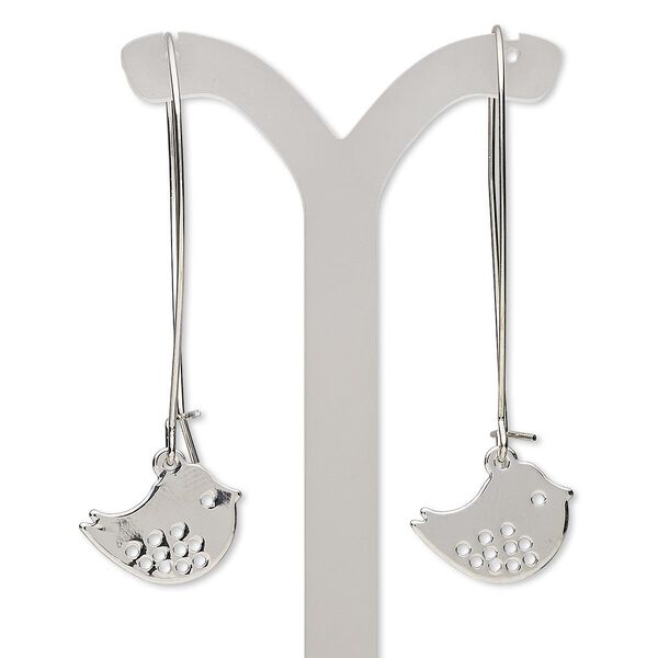 Earring, rhodium-finished brass and steel, 2-1/2 inches with bird and kidney ear wire. Sold per pair. image number 0