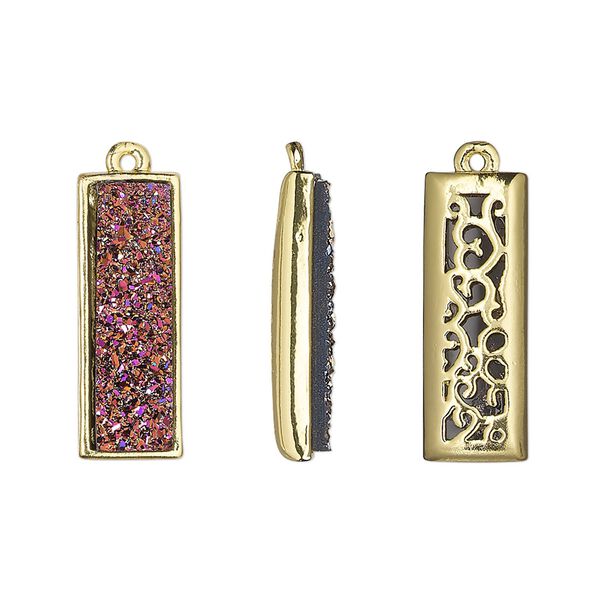 Drop, Druzylite™, "druzy" (resin) and gold-finished brass, metallic purple, 21x8mm two-sided rectangle with open filigree back. Sold per pkg of 4. image number 0