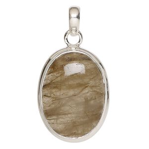 Pendant, golden rutilated quartz (natural) and sterling silver, 30x23mm oval. Sold individually.