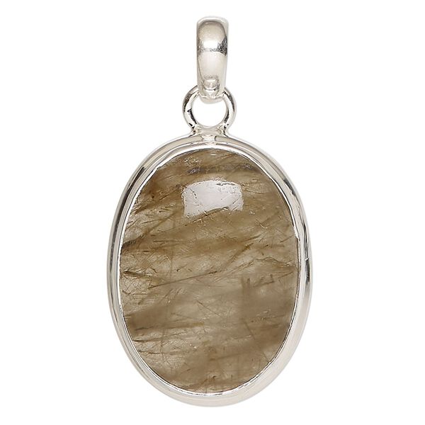 Pendant, golden rutilated quartz (natural) and sterling silver, 30x23mm oval. Sold individually. image number 0