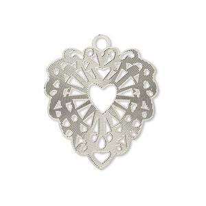 Drop, Lazer Lace™, silver-plated brass, 26x24mm fancy heart. Sold per pkg of 2.