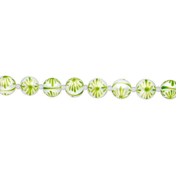 Bead, glass 1pkg8, opaque white and green, 16mm hand-painted round. image number 1