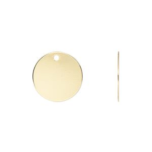 Drop, gold-plated brass, 15mm flat round. Sold per pkg of 50.