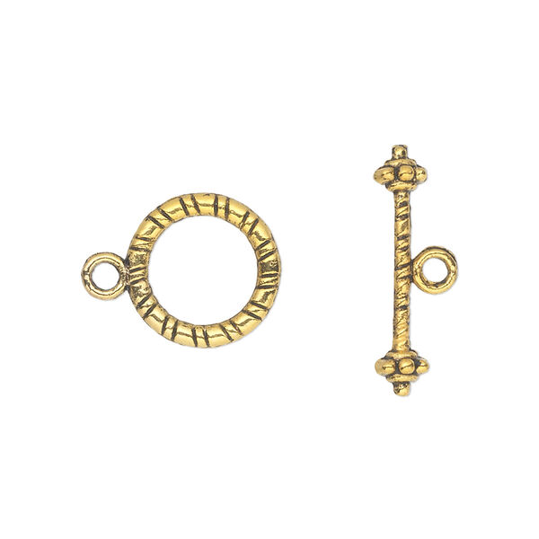 Clasp, toggle, antique gold-finished "pewter" (zinc-based alloy), 13mm double-sided round. Sold per pkg of 20. image number 0
